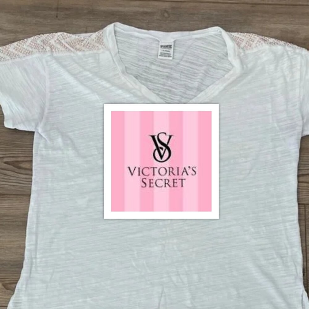 Victoria's Secret White V-Neck Tee with Lace Shoulders
